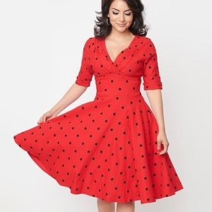 Gorgeous red pinup dress with black polka dots XL